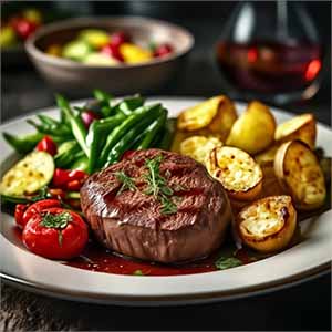 Стейк из фермерской вырезки с молодым картофелем и бочковыми огурцами