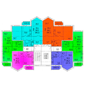 Блок-секция с набором квартир 1-1-2-2-1-1