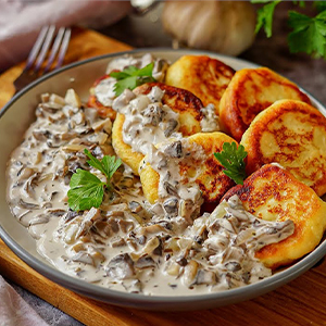 Драники с соусом из белых грибов